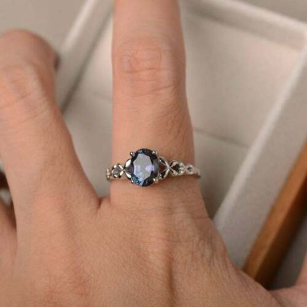 NWOT Dainty Silver Oval Cut Blue Sapphire Ring - Picture 3 of 5